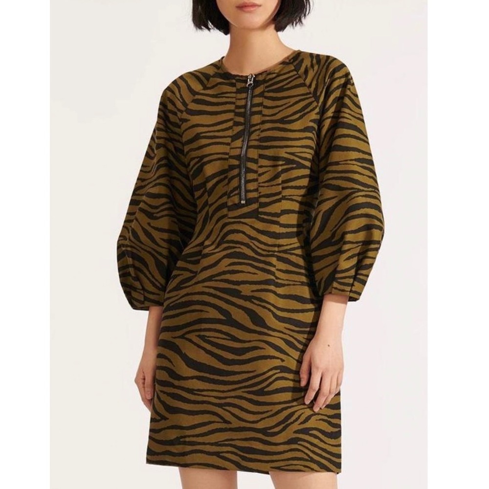 Veronica Beard Navi Mini‎ Dress Woven Olive Zebra Animal Print Women's 8